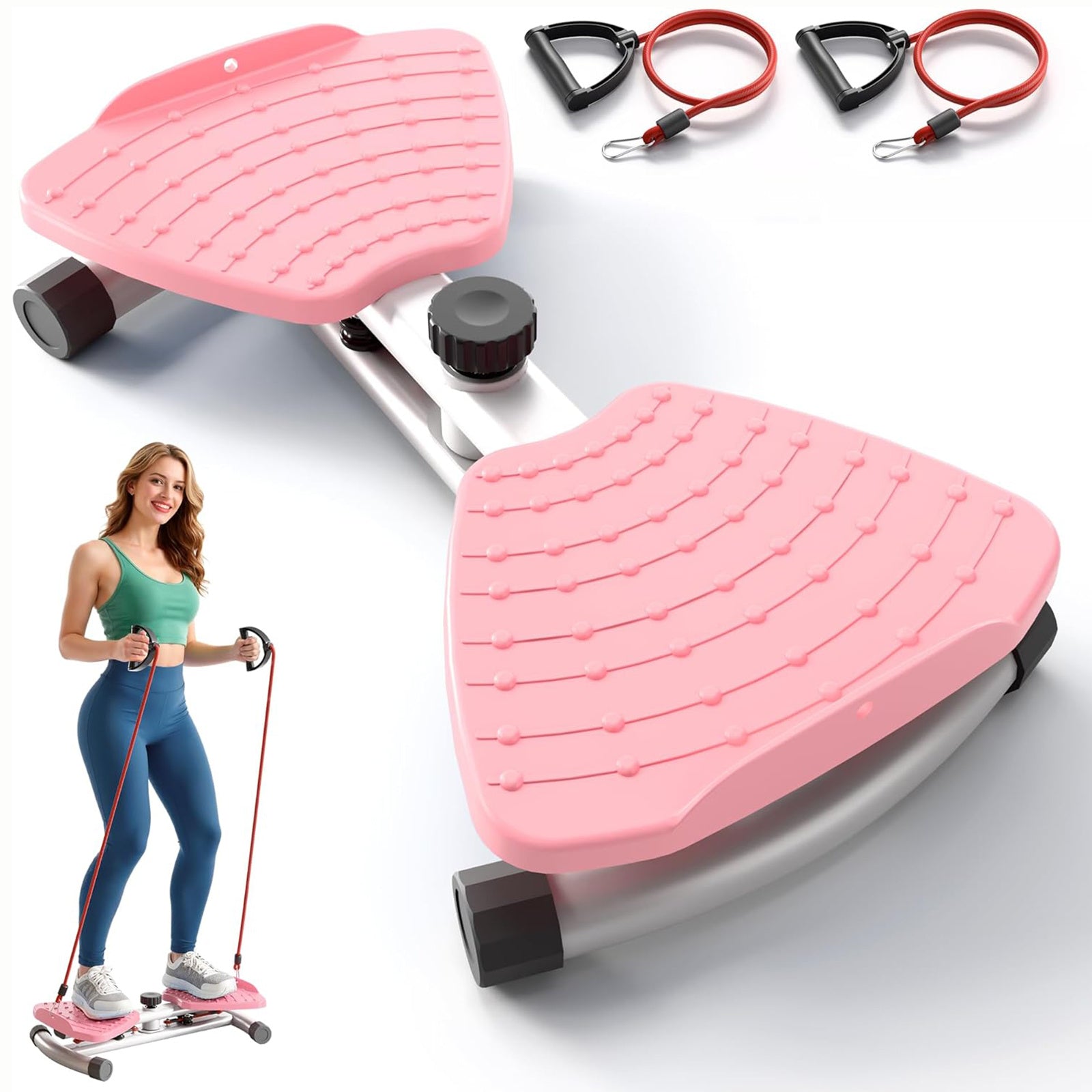 Equipo de fitness giratorio de cintura para uso doméstico, quemador de grasa abdominal, equipado con bandas de resistencia, tabla de ejercicios silenciosa y antideslizante para entrenamiento de core, piernas y glúteos (capacidad de peso 136 kg - rosa - mo