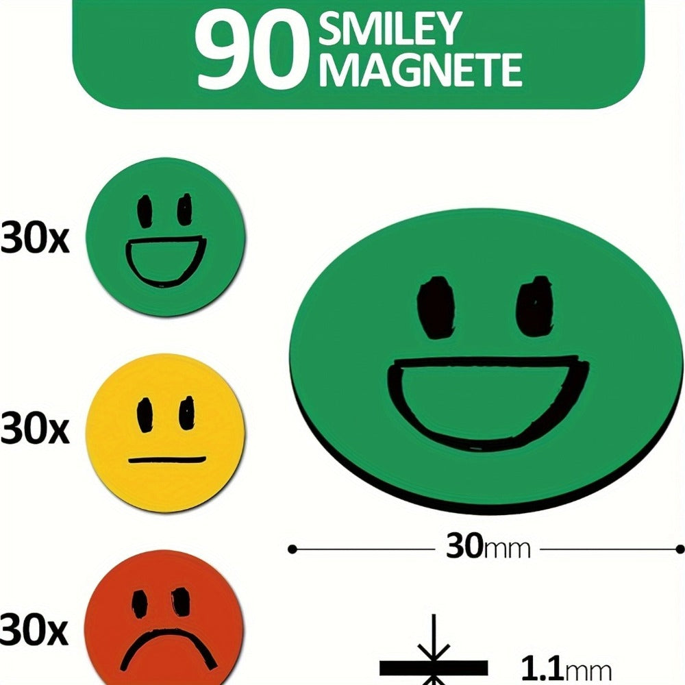 Paquete de 90 imanes de caras sonrientes de colores con un diámetro de 30 mm cada uno, con adhesivo fuerte para superficies planas. Ideal para refrigeradores, accesorios para profesores y tableros de recompensas con imanes de caras sonrientes, disponible
