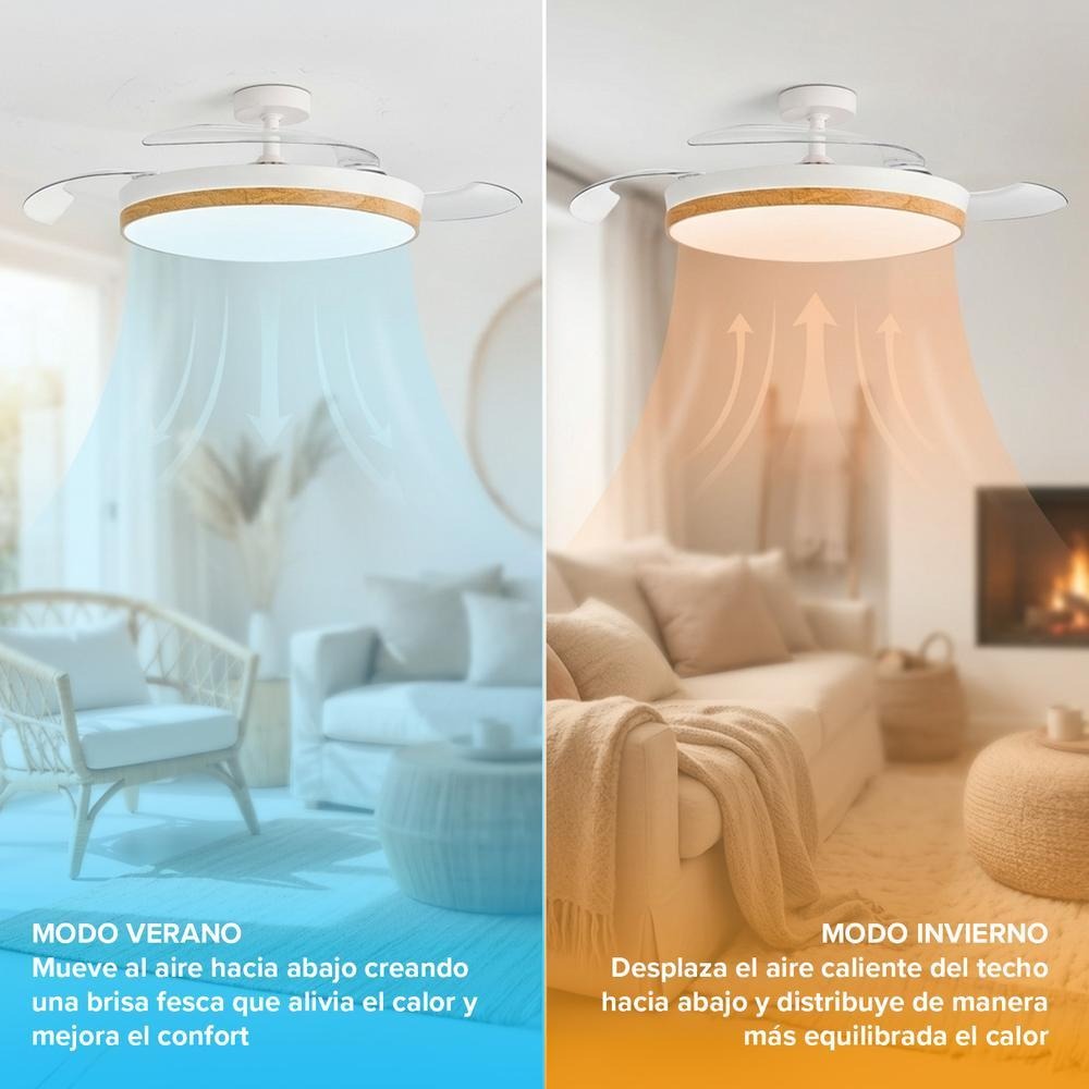 Ventilador de Techo con Luz LED Aspas Retráctiles, SPTO-2, 3 Tonalidades, Control Remoto, 6 Velocidades, Motor DC Silencioso, Temporizador, Sin WiFi