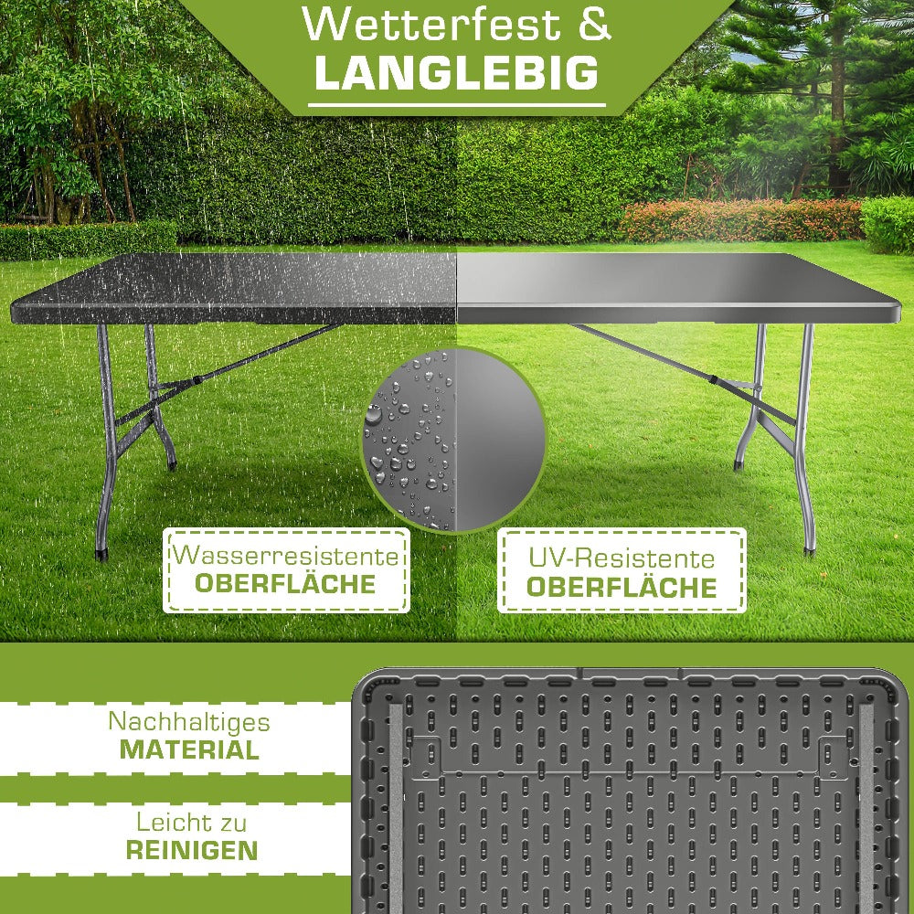 Mesa de Jardín Plegable Tillvex® 220x70 cm, Plástico | Mesa Buffet para 10 Personas con Asa de Transporte | Mesa de Camping Impermeable para Uso Exterior en Jardín, Terraza y Balcón