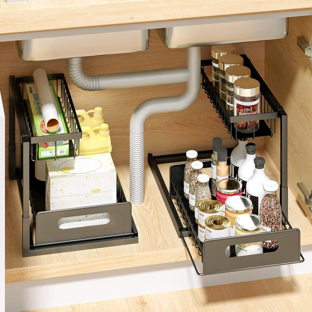 Organizador para debajo del fregadero, estante de almacenamiento para debajo del fregadero, estante organizador extraíble, estante de almacenamiento multifuncional de doble capa para artículos diversos, estante de almacenamiento deslizante de gran capacid