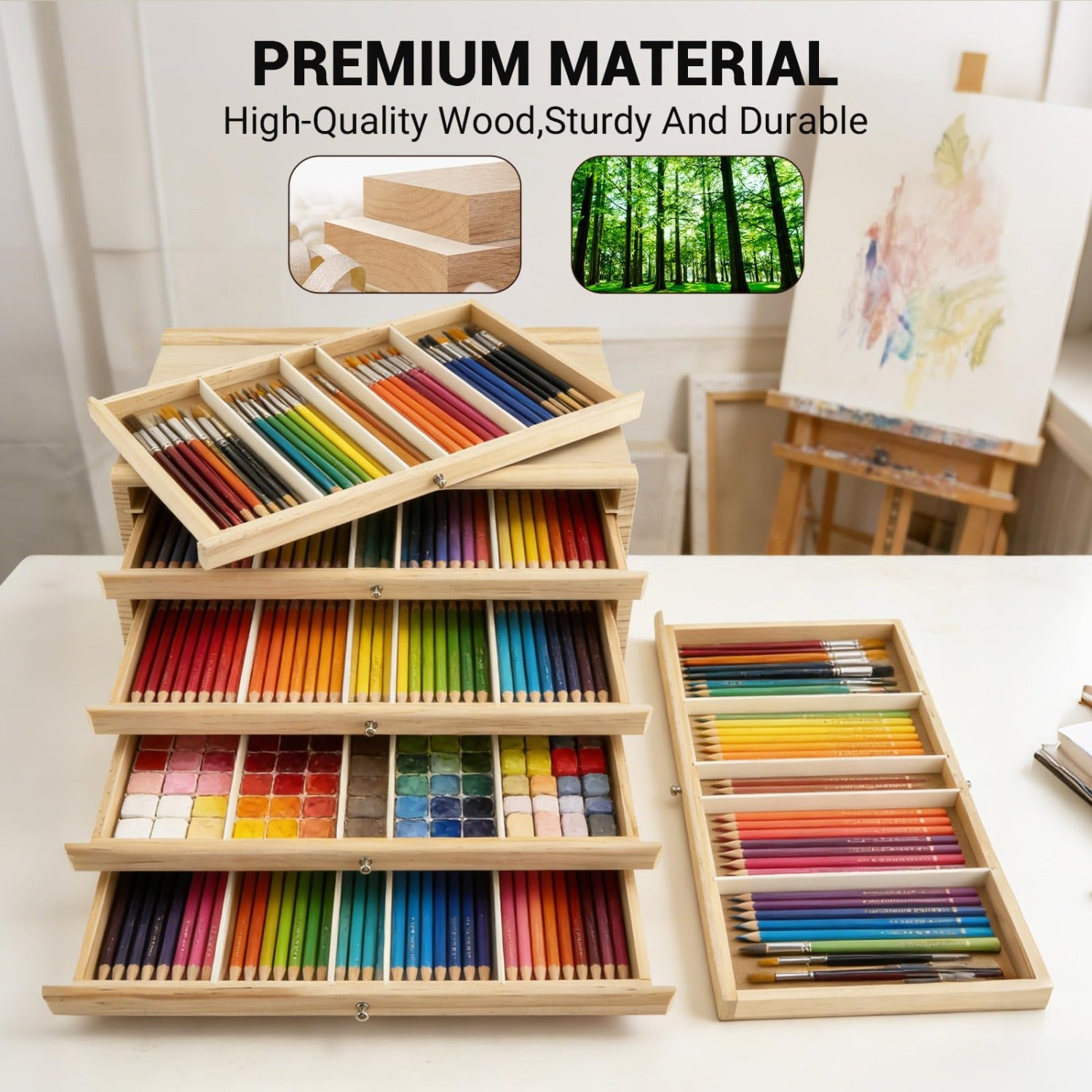 Caja de Almacenamiento para Materiales de Arte de 4/8 Capas - Estuche Grande Multifuncional con Cajones y Separadores, Adecuado para Tizas de Colores, Lápices, Bolígrafos, Marcadores, Pinceles y Sellos, También se Puede Utilizar Como Caballete o Decoració