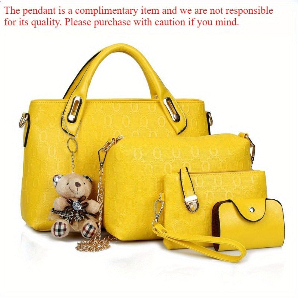 Juego de 4 piezas de bolso para mujer de moda retro con relieve, bolso tote simple de gran capacidad, bolso cruzado casual y versátil de un solo hombro, un colgante de oso al azar, bolso de mano portátil, monedero, adecuado para desplazamientos diarios, v