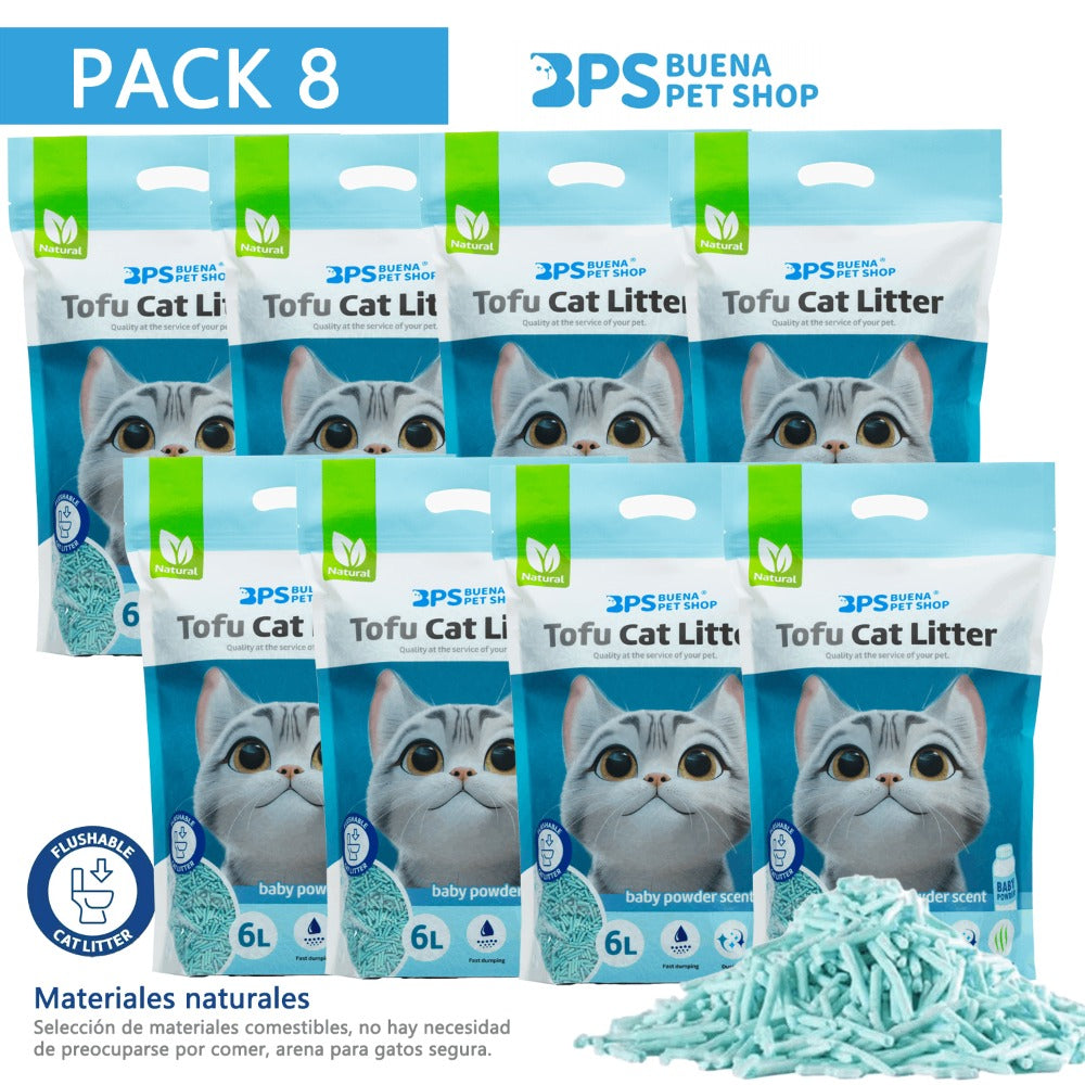 BPS Arena de Tofu para Gatos 6L - Sin Polvo Fácil de Aglomerar y Controla Olores - Biodegradable y Segura para Gatitos - Pack de 8 Bolsas