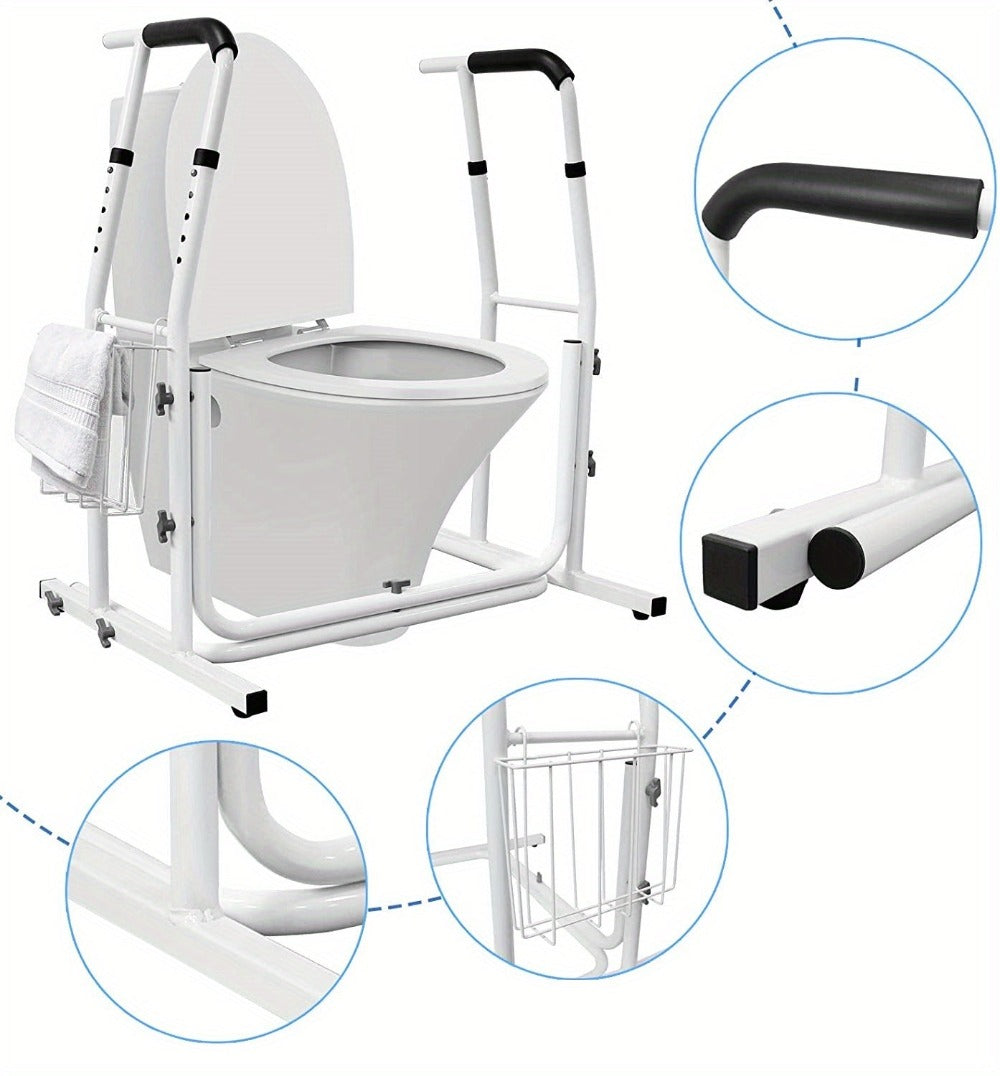 Ayuda para ir al baño de pie, marco de inodoro con cesta de almacenamiento, marco de soporte para inodoro de altura ajustable de 69-79 cm, carga máxima de 200 kg, marco de soporte para inodoro para personas mayores y mujeres embarazadas