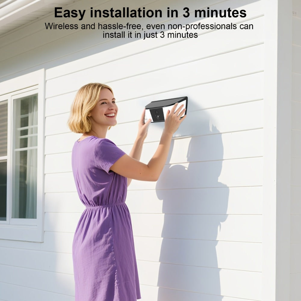 Cámara de Seguridad Solar ANRAN y Luz de Pared, Inalámbrica 2.4G para Exteriores, Protección del Hogar con Detección de Movimiento AI, Luz Activada por Movimiento, Comunicación Bidireccional, IP65, Alarma Inteligente con Sirena