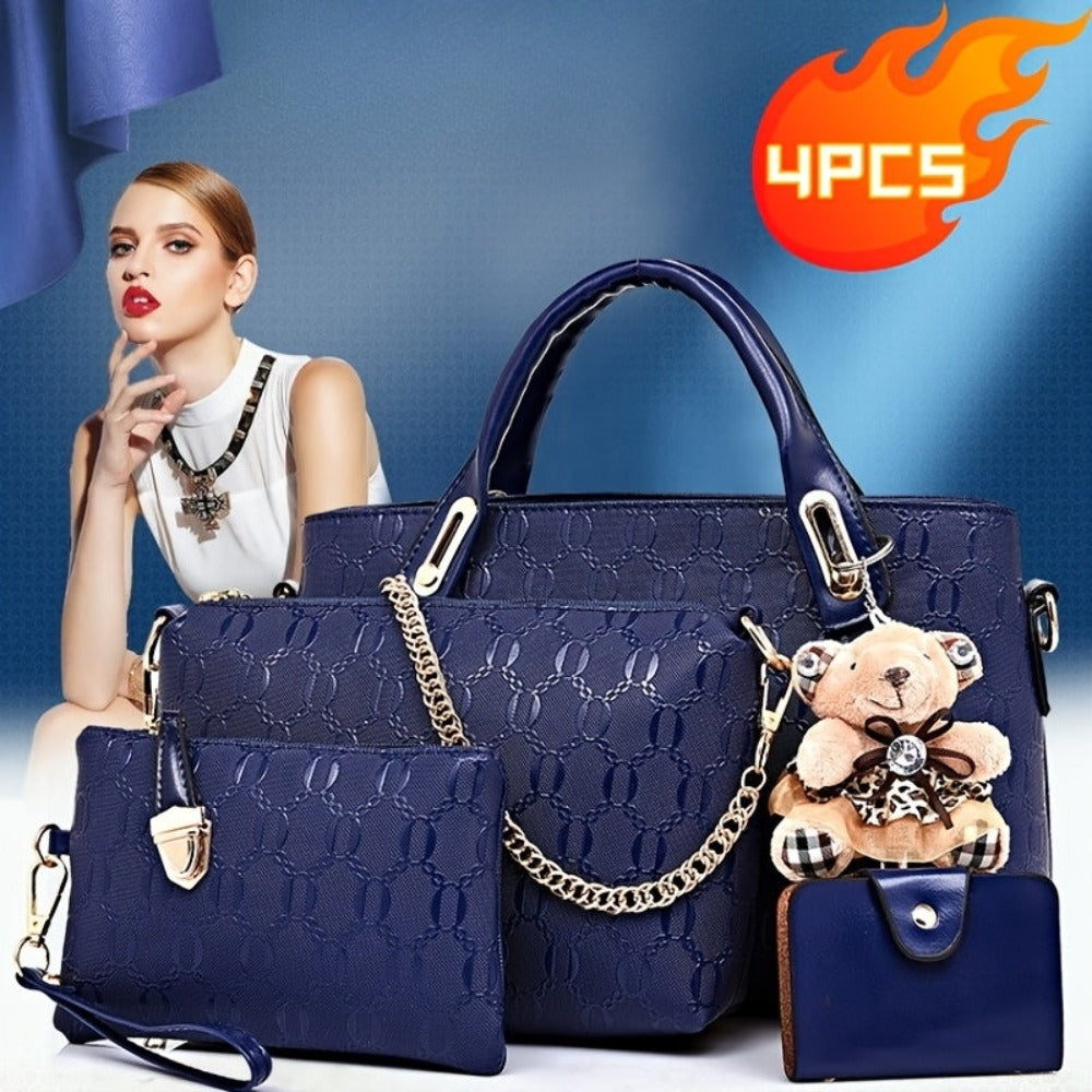 Juego de 4 piezas de bolso para mujer de moda retro con relieve, bolso tote simple de gran capacidad, bolso cruzado casual y versátil de un solo hombro, un colgante de oso al azar, bolso de mano portátil, monedero, adecuado para desplazamientos diarios, v