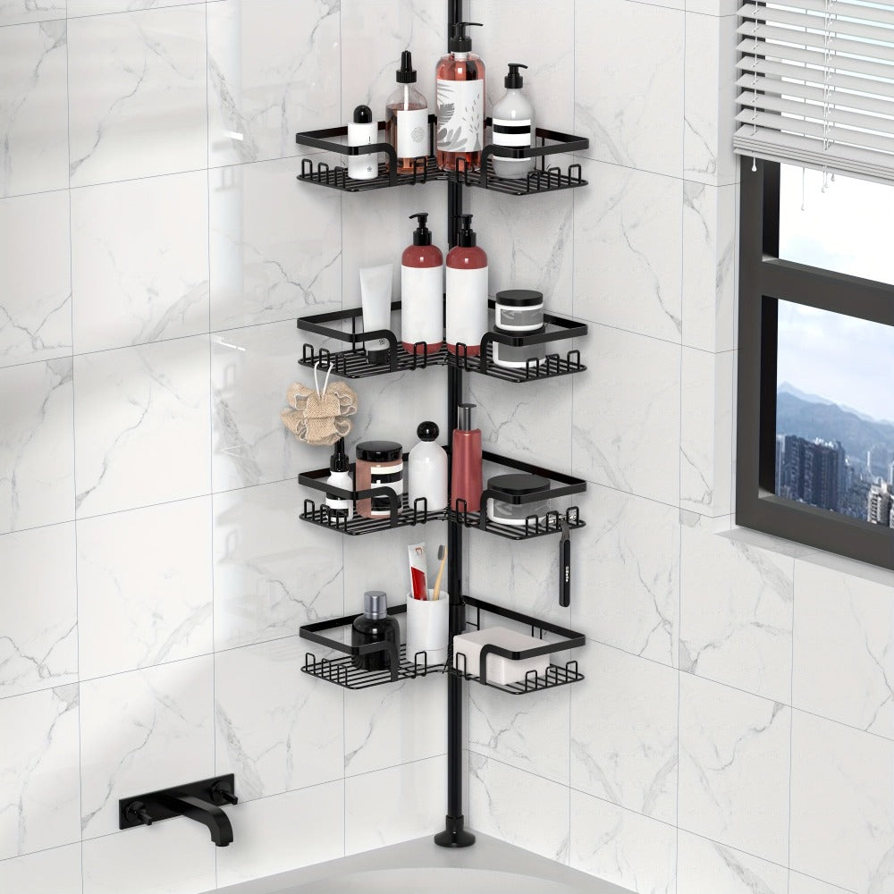 Estante de esquina para baño de 4 niveles a prueba de óxido, caja de almacenamiento para bañera para accesorios de champú, de pie ajustable, estante de almacenamiento para baño a prueba de óxido con barra de tensión, adecuado para artículos esenciales de