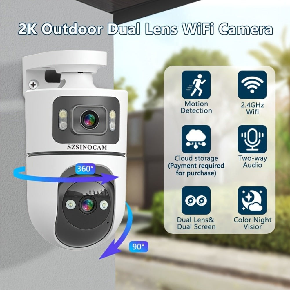 Cámara IP Inalámbrica de Doble Lente, Cámara de Seguridad PTZ para Exteriores con WiFi 2.4G, Pantalla Dual, Seguimiento Automático, Visión Nocturna, Audio Bidireccional, Detección de Movimiento para Seguridad en Hogar, Calle y Monitoreo