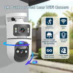 Cámara IP Inalámbrica de Doble Lente, Cámara de Seguridad PTZ para Exteriores con WiFi 2.4G, Pantalla Dual, Seguimiento Automático, Visión Nocturna, Audio Bidireccional, Detección de Movimiento para Seguridad en Hogar, Calle y Monitoreo