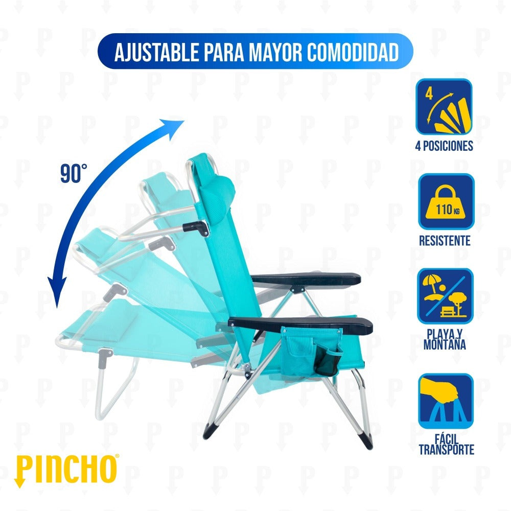 Silla Playa Plegable, Sillon Alto con Cojín, Reclinable, Altura del Asiento 29,5 cm, Asa de Transporte, Bolsillo para Movil y Bebida Textileno Resistente, Jardin, Camping, Hamaca