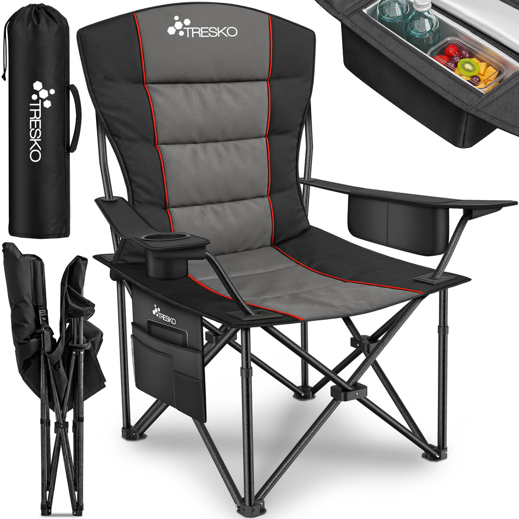 TRESKO® Silla de Camping Plegable hasta 200Kg | Silla Plegable con Bolsa Nevera, Portavasos y Bolsillo Lateral | Silla XXL Plegable Incluye Bolsa de Transporte | Silla de Pesca Acolchada para Exterior, Pesca, Festival y Jardín