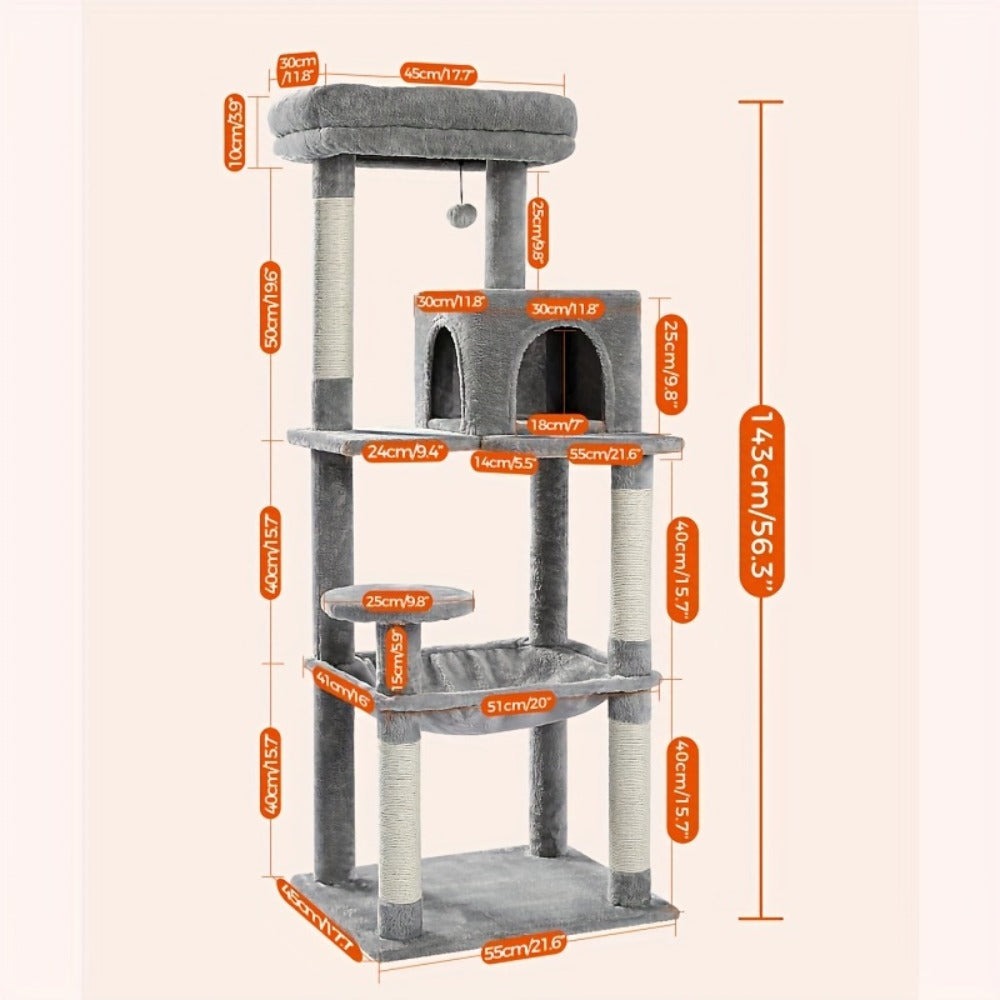 Árbol para Gatos de 143 cm de Altura, Torre Multinivel con Hamaca Extra Grande, Postes de Rascado Cubiertos de Sisal, Condominio Acogedor y Plataforma Superior