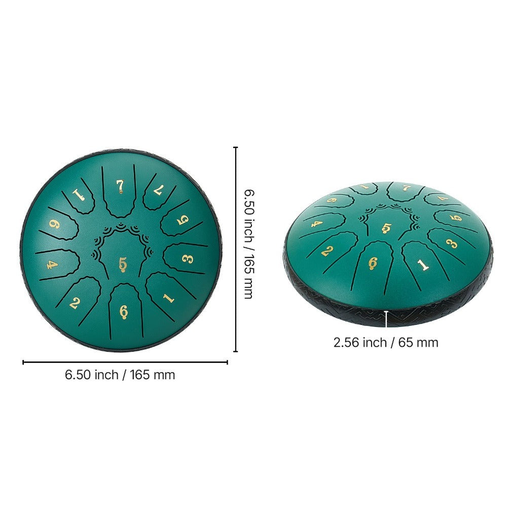 VEVOR Tambor de Lengüeta de Acero, 16.5 cm, 11 Notas, Tambor de Lluvia para Jardín Exterior, Tambores Musicales en Do Mayor con Libro de Música y Baquetas, Instrumento de Percusión para Meditación, Yoga, Educación Musical para Principiantes, Verde