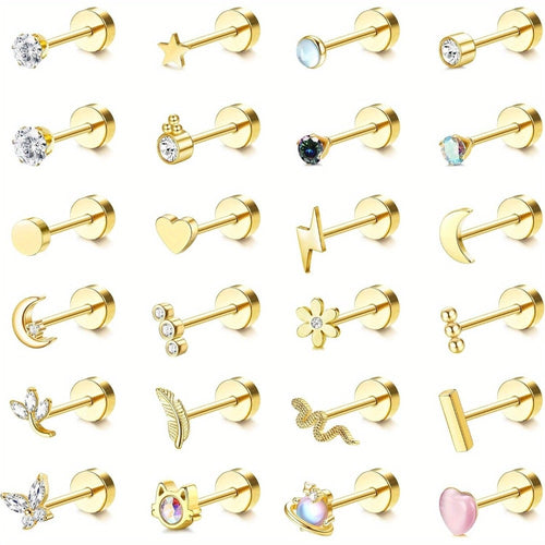 2D Plano - 24pcs Pendientes de Cartílago para Mujer Hombre 20G Acero quirúrgico Plano Dorso Pendientes de Plata CZ para helix Concha Pendientes Pequeños de Dorso Plano Hipoalergénicos detail image