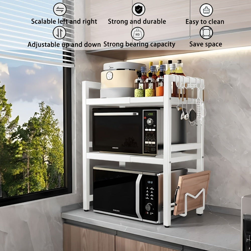 Estante para Microondas de 3 Niveles Extensible con 6 Ganchos, Estante de Cocina, Organizador de Especias, Organizador de Gabinete para Cocinas, , Extensible de 40 a 64 cm