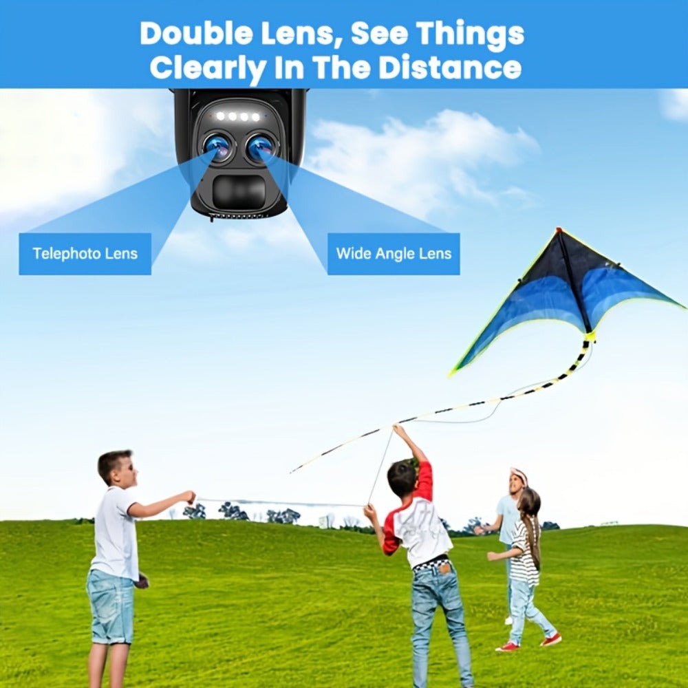 [Zoom 10x] Cámara de seguridad de exterior de 4MP con zoom automático de doble lente, más clara a distancia, cámara de alta definición 2K con panel solar, sistema de monitoreo PTZ de doble lente, foco deportivo WiFi 5G, visión nocturna en color, llamada b