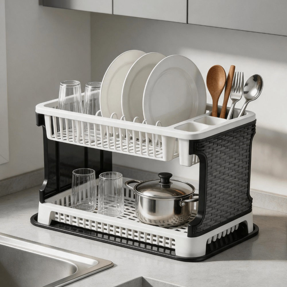 Escurridor de platos plegable de gran capacidad con bandeja de goteo, secador de platos