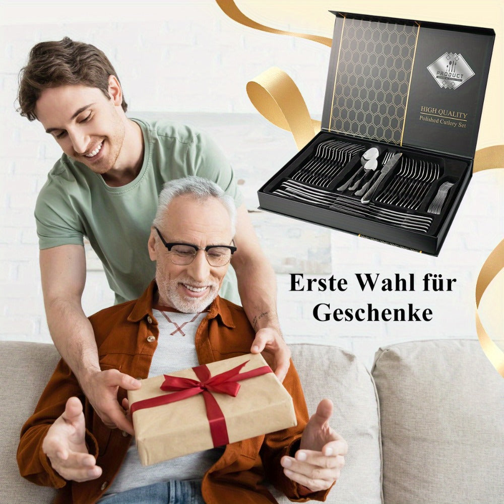 Juego de cubiertos de acero inoxidable de 48 piezas para 12 personas | Elegante caja de regalo, cubiertos premium, pulido espejo, apto para lavavajillas, cuchillos para bistec, tenedores y cucharas ergonómicas | para reuniones familiares, bodas, inaugurac