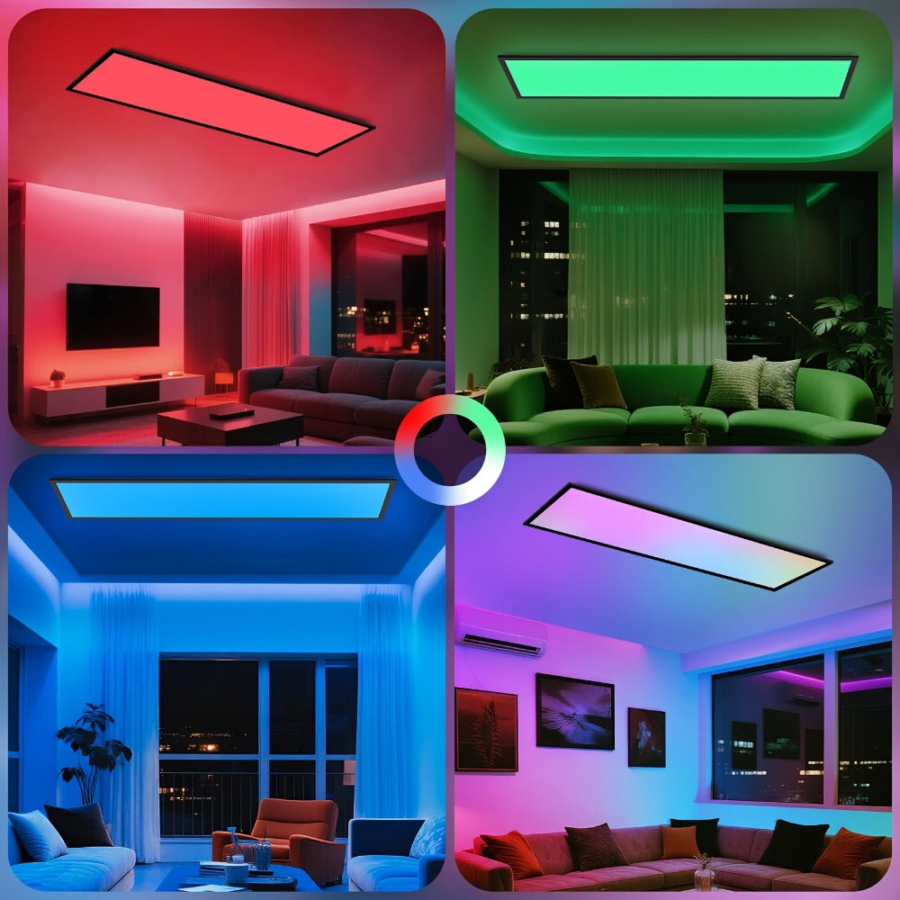 Panel LED Comercial 100X25Cm Regulable – Panel de Techo Largo RGB que Cambia de Color, Luz de Techo Plana para Oficina con Control Remoto, Lámpara de Techo Negra Rectangular Grande para Sala de Juegos, Sala de Estar, Oficina