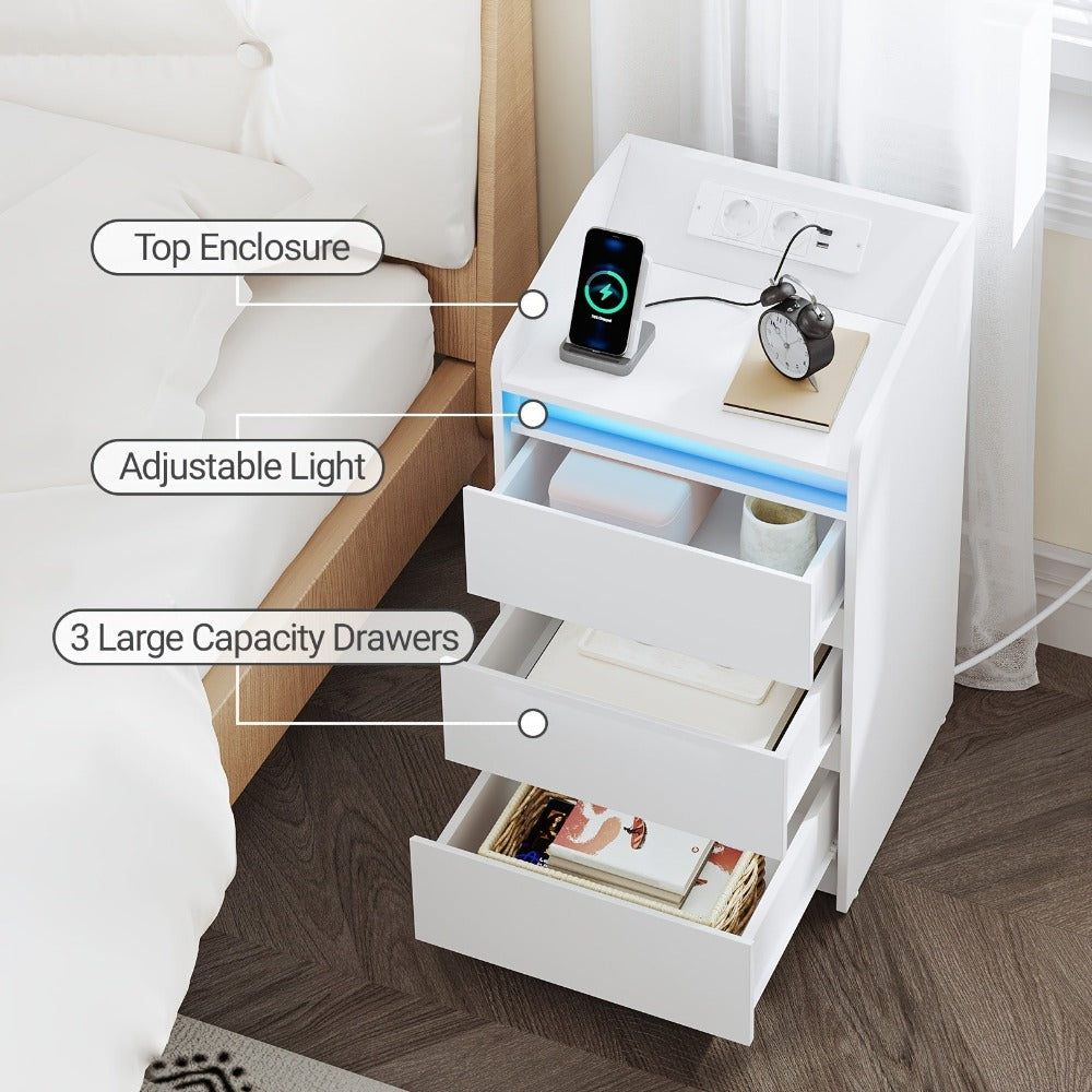 Juego de 2 Cajoneras con 3 Cajones, Mesa Auxiliar con Estación de Carga y LED, 2 Tomas de Corriente y 2 Puertos USB, Almacenamiento para Dormitorio, Libros y Artículos Varios en Sala y Dormitorio, Organización y Almacenamiento, Unidades de Cajones