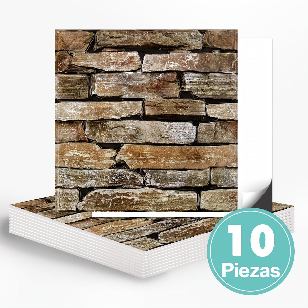 Este paquete incluye diez paneles de pared 3D autoadhesivos con una superficie de PVC tipo piedra, cada uno de 30 por 30 centímetros, diseñados para decorar paredes interiores.