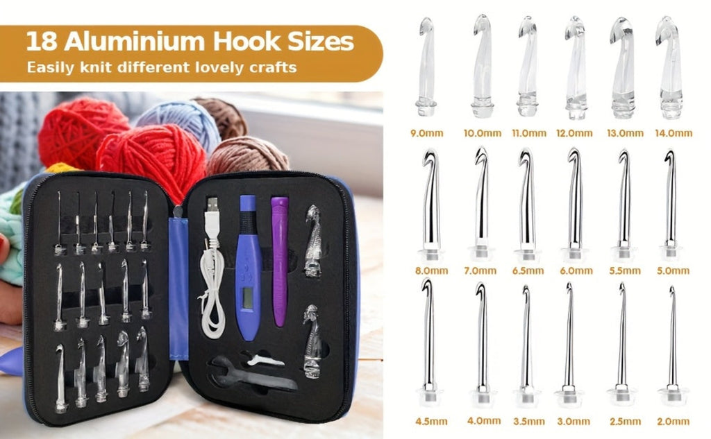 Juego de Ganchos para Crochet con Contador y Luz LED, 18 en 1, Incluye Llave Grande/Pequeña, Mango Extra y Bolsa de Almacenamiento, Ideal para Tejer y Crochet