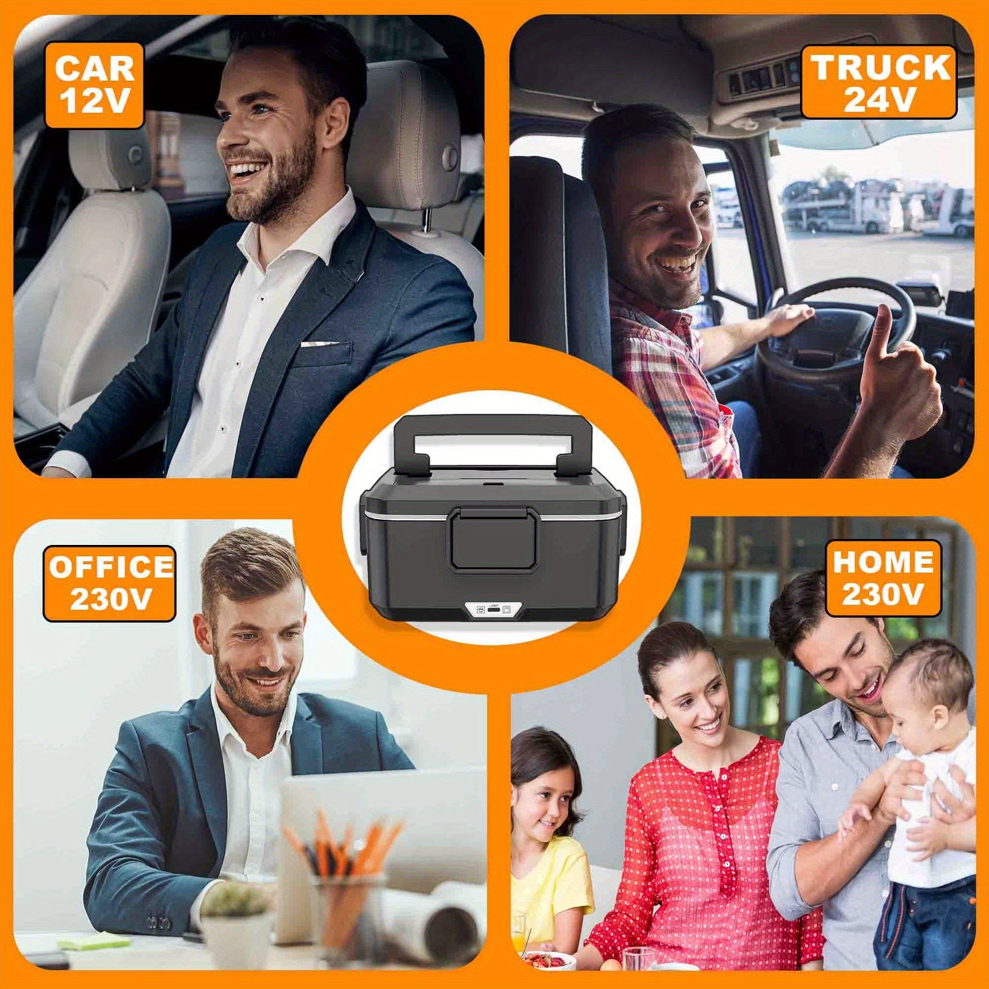 Caja de Almuerzo Portátil con Calentamiento - Capacidad de 2.5 Litros, Acero Inoxidable, Pan Desmontable, Adecuada para Coche, Camión, Oficina, Enchufe Tipo - para Vehículo o Calentamiento (Bolsa Aislante Incluida)