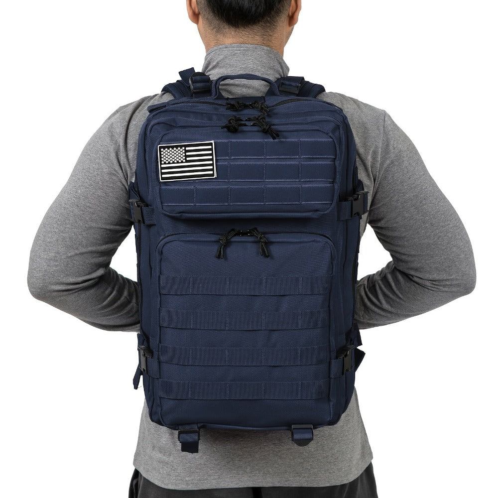 Mochila táctica azul de 45L, diseñada para deportes, ideal para senderismo al aire libre con sistema MOLLE, perfecta para escalada y trekking, bolsa de emergencia de 3 días, lavable a mano, ideal para viajes