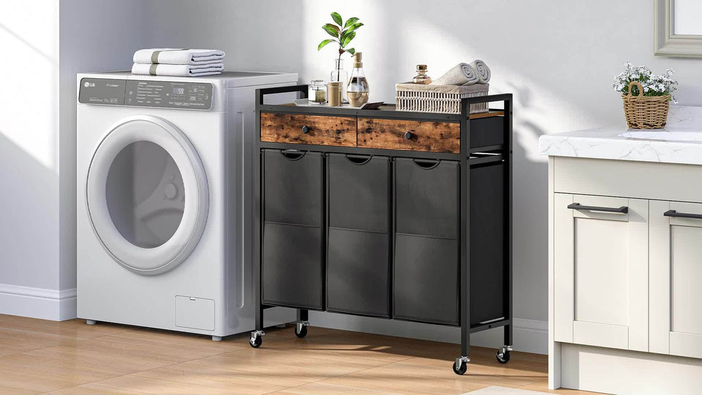 Cestero de lavandería rústico marrón y negro, 3 secciones, con 2 cajones, bolsas de lavandería extraíbles con tela Oxford, cesto de lavandería, para cuarto de lavado, cestos de lavandería