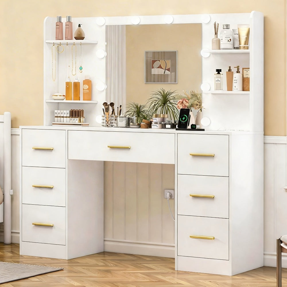 Tocador Grande con Espejo LED Iluminado y Toma de Corriente, Mesa de Maquillaje con 7 Cajones, 4 Estantes y 5 Ganchos, Tocador, Juego de Escritorio de Tocador para Dormitorio, Baño