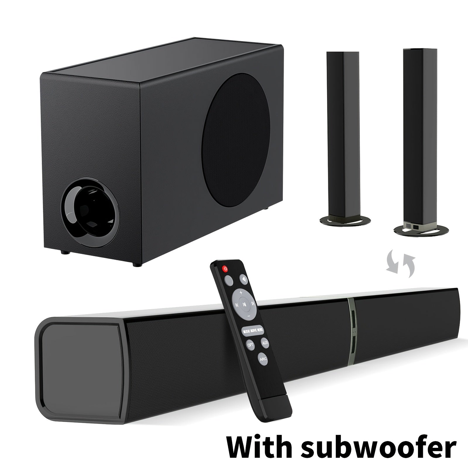 Barra de sonido con subwoofer, barra de sonido para Smart TV, barras de sonido inalámbricas 5.0, graves profundos, sistema de audio para TV con ARC/Opt/AUX para sonido de cine en casa mejorado, altavoz con control remoto por infrarrojos