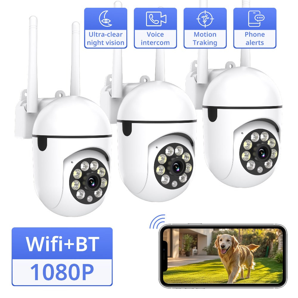 Cámaras de Vigilancia Exterior 3pcs 1080P FHD para Black Friday: 355° PTZ Pan-Tilt, Visión Nocturna en Todo Color, Comunicación Bidireccional y Más, Perfectas para Seguridad en Hogares/Pequeños Negocios (Propietarios)