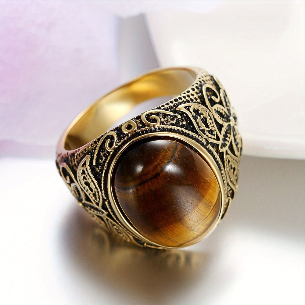 Anillo unisex vintage con diseño de flor tallada, hecho de ojo de tigre y acero inoxidable, con una banda dorada clásica adecuada tanto para hombres como para mujeres