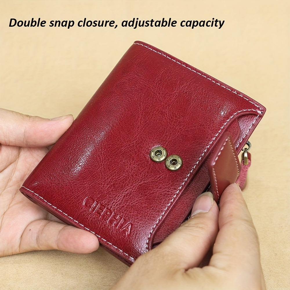 Monedero Ciephia de Cuero Genuino con Bloqueo RFID - Rojo Compacto con Detalles Dorados, 14 Ranuras para Tarjetas, Ventana Extraíble para DNI y Bolsillo con Cremallera para Monedas, Regalo Casual para San Valentín o el Día de la Madre, Apto para Hombres y