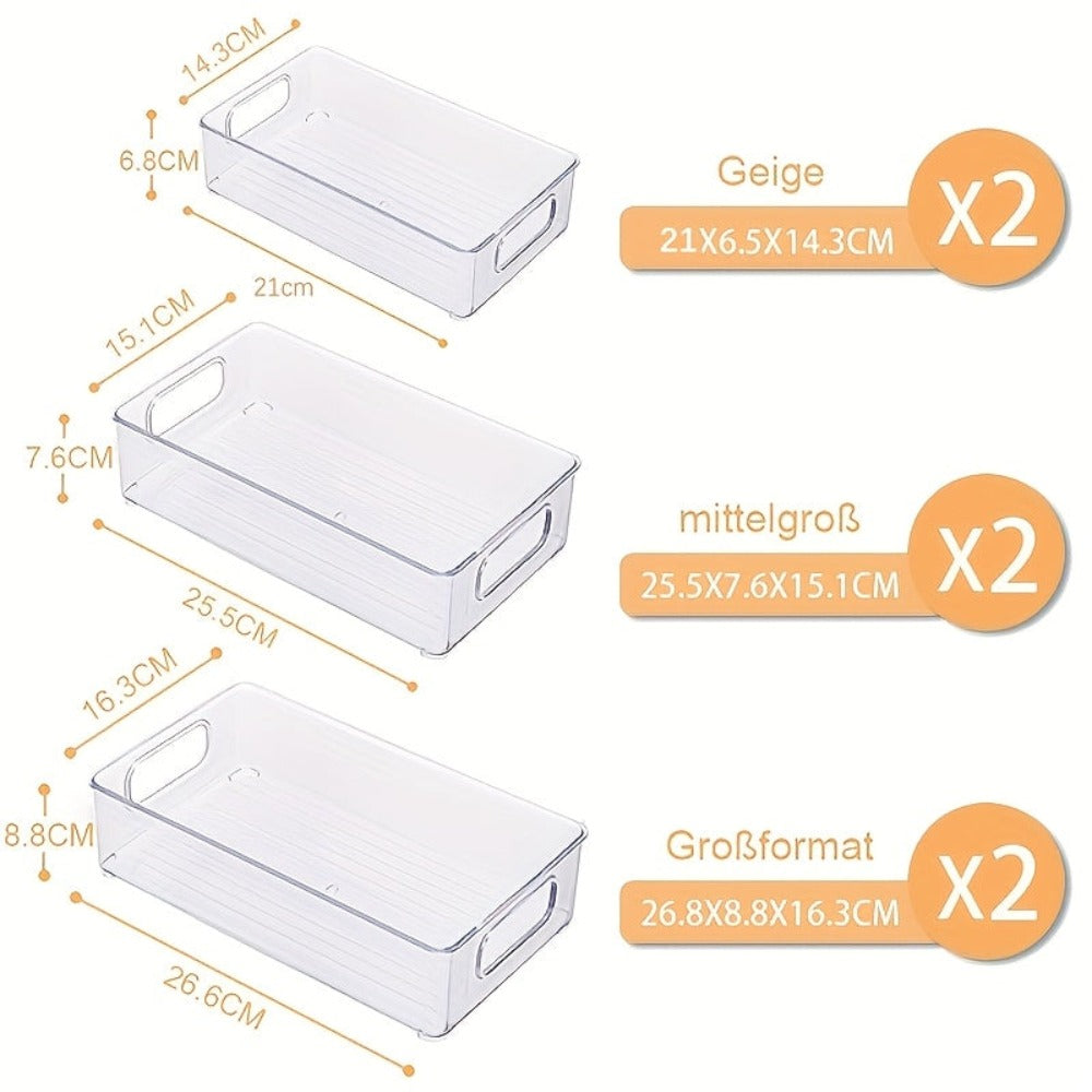Un juego de 6 organizadores para refrigerador, 3 tamaños (2 pequeños, 2 medianos, 2 grandes) - Contenedores de almacenamiento apilables transparentes para refrigerador, cocina, despensa, gabinetes, fregadero, baño