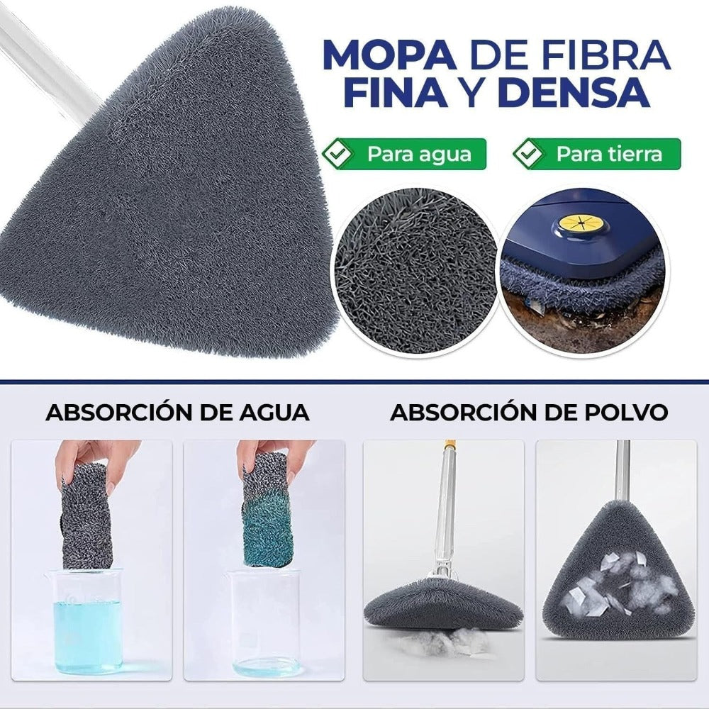 Mopa Triangular Limpieza Giratoria 360 para Limpiar Suelos, Paredes, Ventanas, Techos y Muebles. Fregona Triangular Microfibra, Función Autoescurrible, Incluye 2 Recambios. Cabezal de 27 x 27 x 27 cm, con un Mango Extensible de hasta 130 cm. - Dekohome