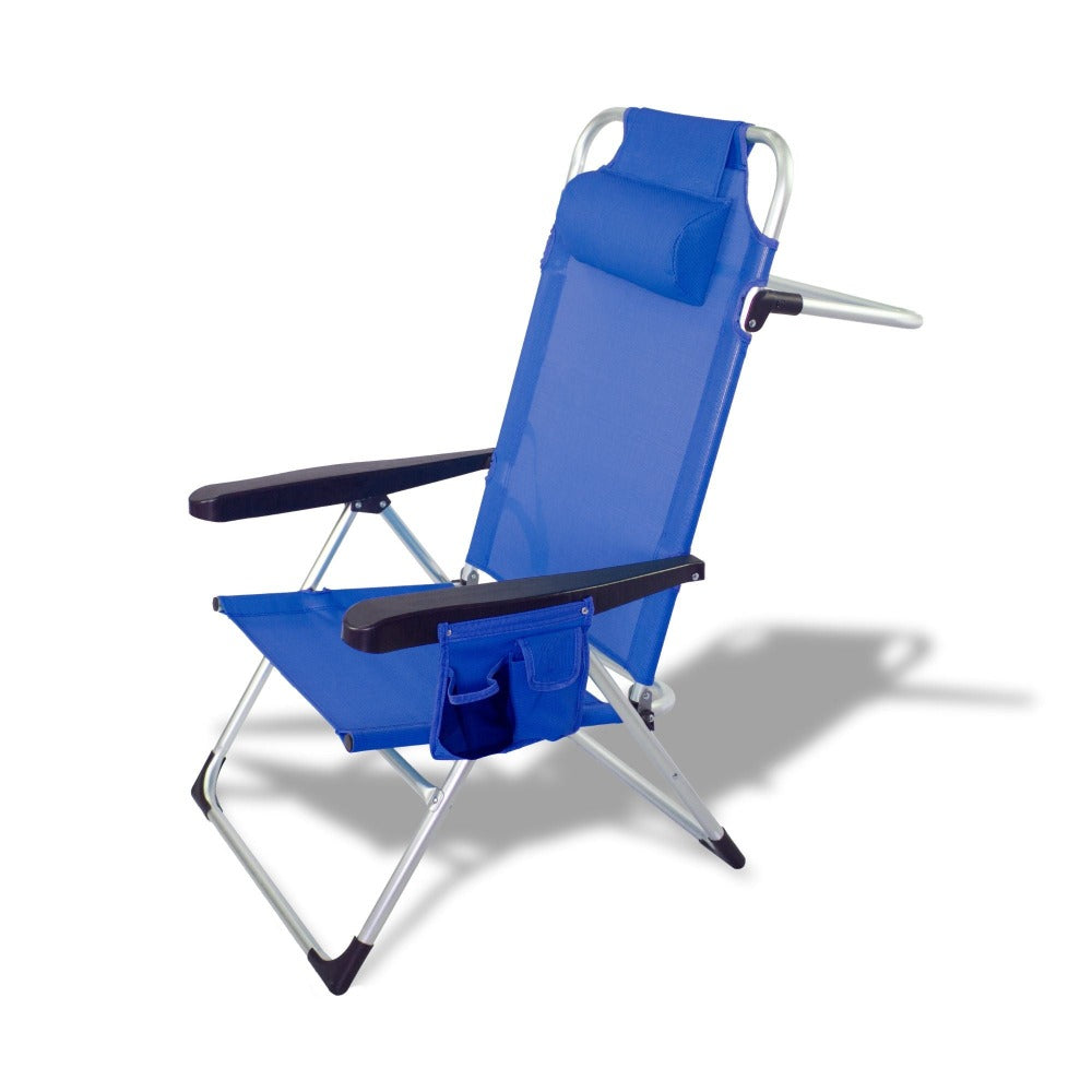 Silla Playa Plegable, Sillon Alto con Cojín, Reclinable, Altura del Asiento 29,5 cm, Asa de Transporte, Bolsillo para Movil y Bebida Textileno Resistente, Jardin, Camping, Hamaca