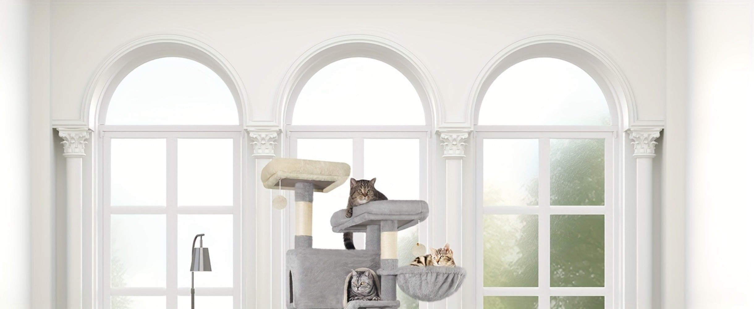 Poste Rascador Grande de 185cm, Torre para Gatos XXL, Árbol para Gato Maine con 7 Niveles y 3 Cuevas, Postes Rascadores, Gris Claro