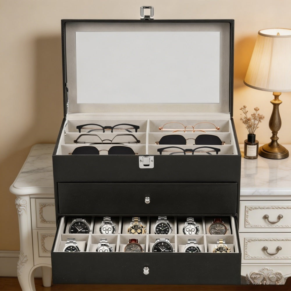 Estuche organizador de 3 capas y 24 ranuras para gafas de moda y relojes para mujer y hombre - Portagafas de exhibición y almacenamiento de múltiples gafas de moda con cajón, tapa de cristal y lazo para exteriores