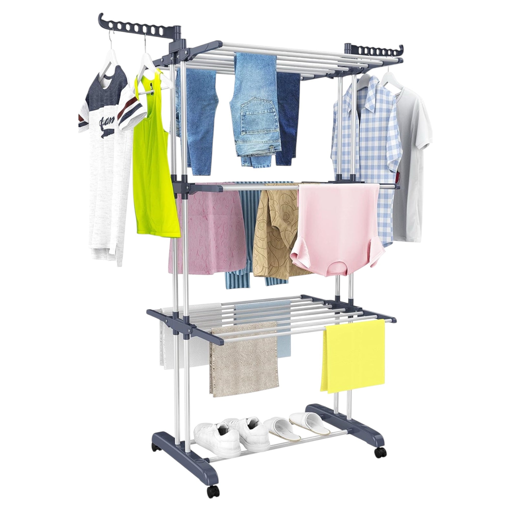Tendedero de ropa, 4 Niveles Tendederos Plegables Vertical con Ruedas Amplio Espacio de Secado Tendederos, Acero Inoxidable Tendal para Exterior y Interiores