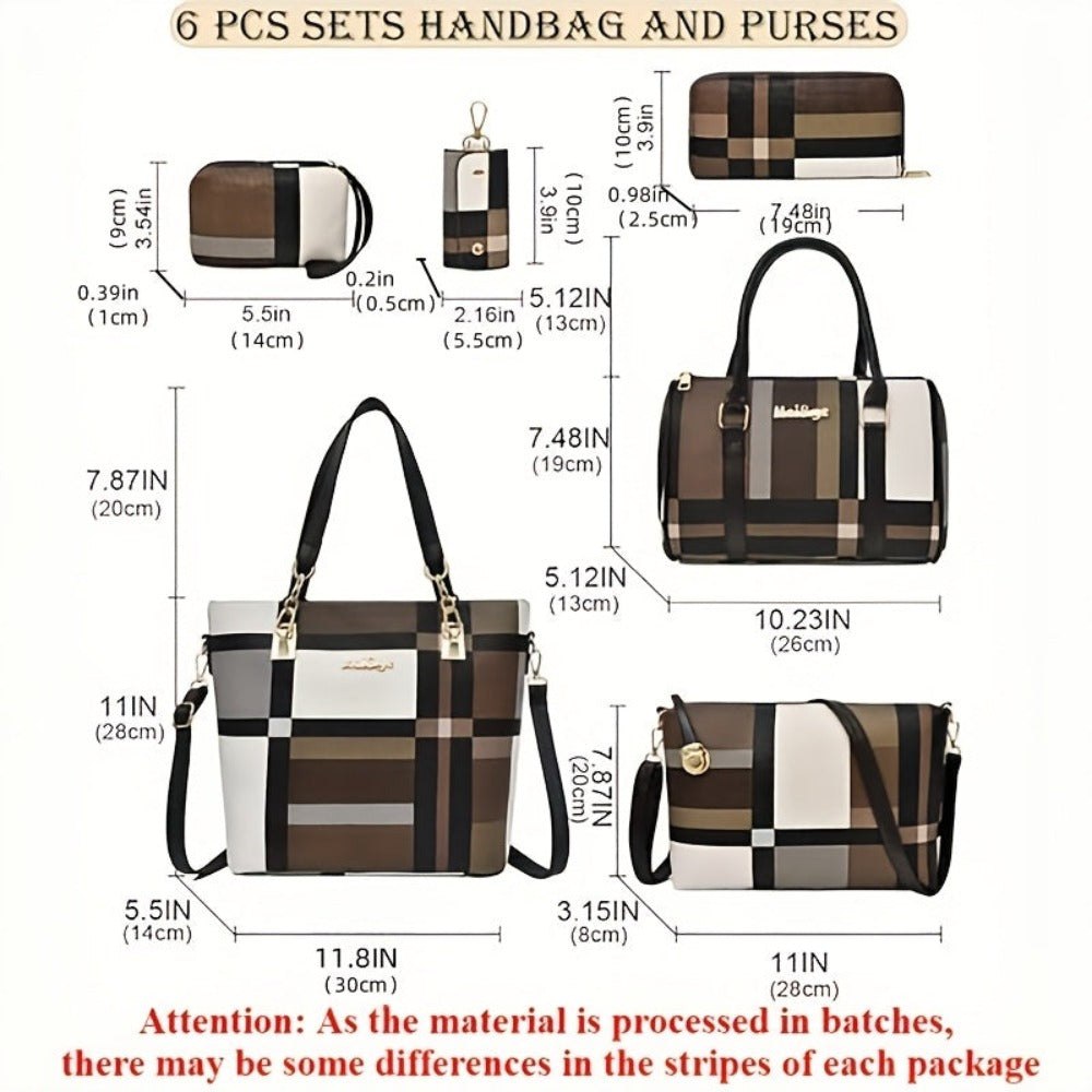 Juego de 6 piezas de bolso Vanaheimr para mujer, estampado de cuadros casual, las rayas son aleatorias, correa ajustable, cierre de cremallera, forrado, color de contraste de moda, combinación de bolso tote y bandolera de gran capacidad, ideal para regalo