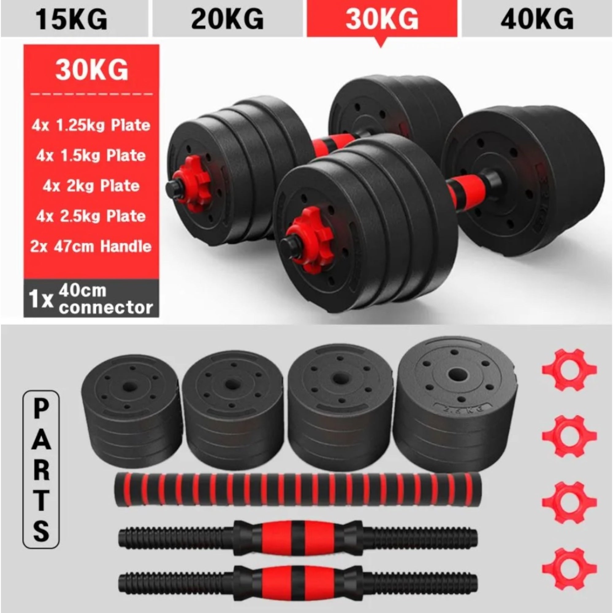Conjunto de mancuernas ajustables 2 en 1, con barras, multifuncionales 10KG-15KG-20KG-30KG. Conjunto de pesas con conexión de barra combinable libremente, 10/15KG/20KG/30KG... Ajustable, mancuernas cortas y largas, cierres en forma de estrella y tubo de c
