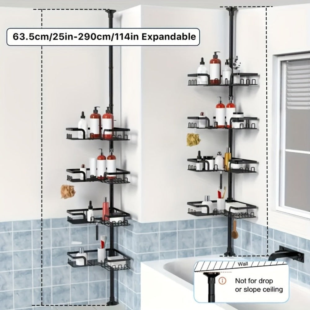 Estante de esquina para baño de 4 niveles a prueba de óxido, caja de almacenamiento para bañera para accesorios de champú, de pie ajustable, estante de almacenamiento para baño a prueba de óxido con barra de tensión, adecuado para artículos esenciales de