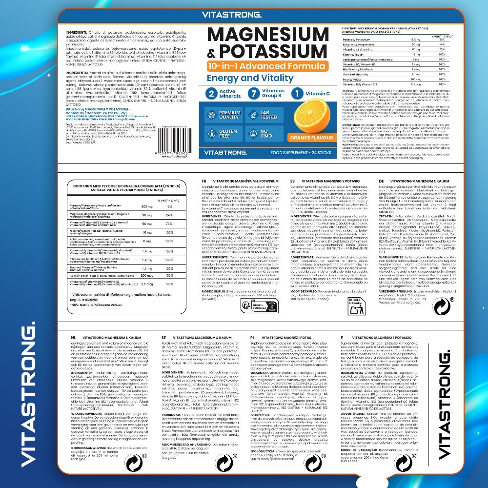 Vitastrong Magnesio y Potasio Fórmula 10 en 1, Sobres de Suplemento Multivitamínico de Potasio y Magnesio, 24 Barras con Vitamina C y Complejo B, Sin Sacarosa, Sin Gluten, Sabor a Naranja