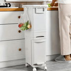 Cubo de Basura Estrecho de 3 Capas con Tapa - Delgado, Gran Capacidad, Doble Compartimento para Separación Seca y Húmeda con Ruedas y Asas para Fácil Movimiento, Perfecto para Separación de Residuos de Cocina, Operado con Pedal, Espacio de Cocina, Uso Dom