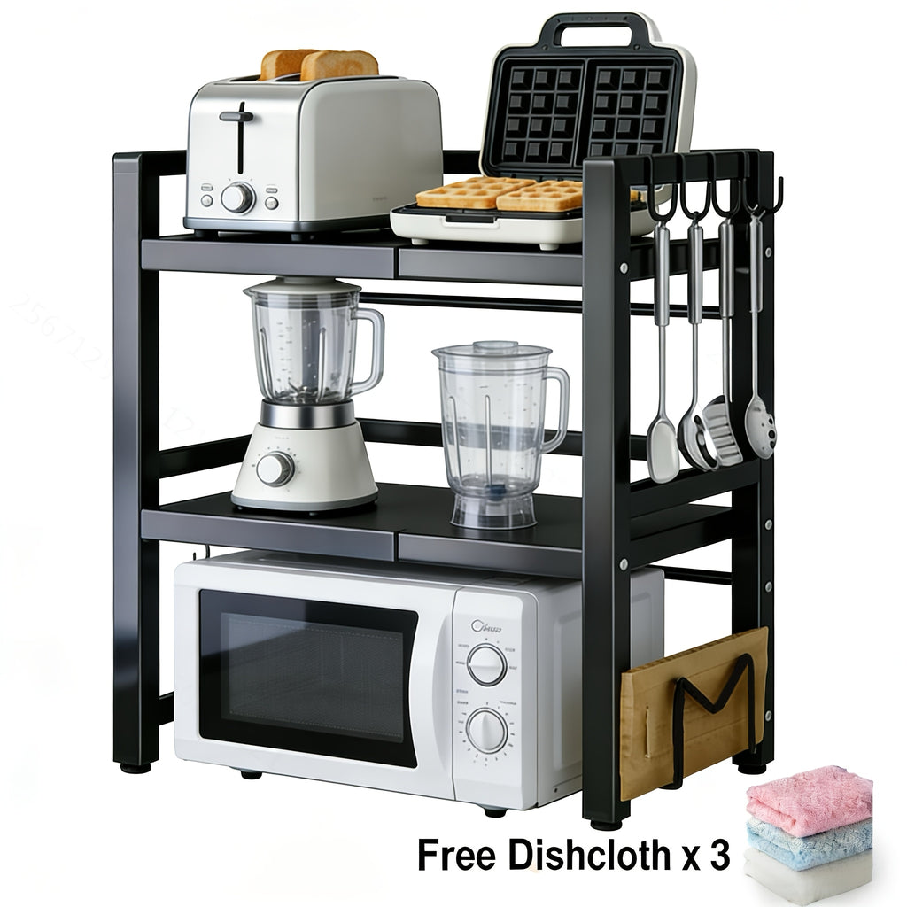 Estante para Microondas, Estante de Cocina Retráctil de 3 Niveles, con 6 Ganchos, 3 Soportes para Toallas y Soporte para Tablas de Cortar. Adecuado para Estante de Cocina, Estante de Especias y Gabinete de Microondas. Longitud Retráctil de 40cm a 64cm, Es