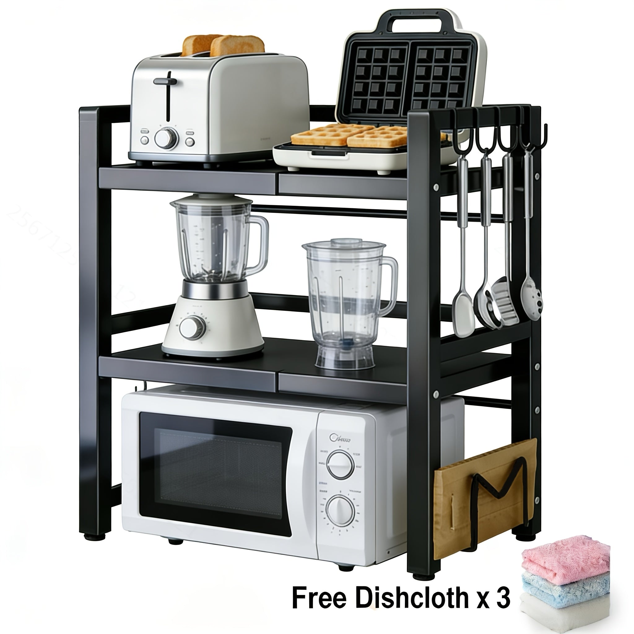 Estante para Microondas, Estante de Cocina Retráctil de 3 Niveles, con 6 Ganchos, 3 Soportes para Toallas y Soporte para Tablas de Cortar. Adecuado para Estante de Cocina, Estante de Especias y Gabinete de Microondas. Longitud Retráctil de 40cm a 64cm, Es