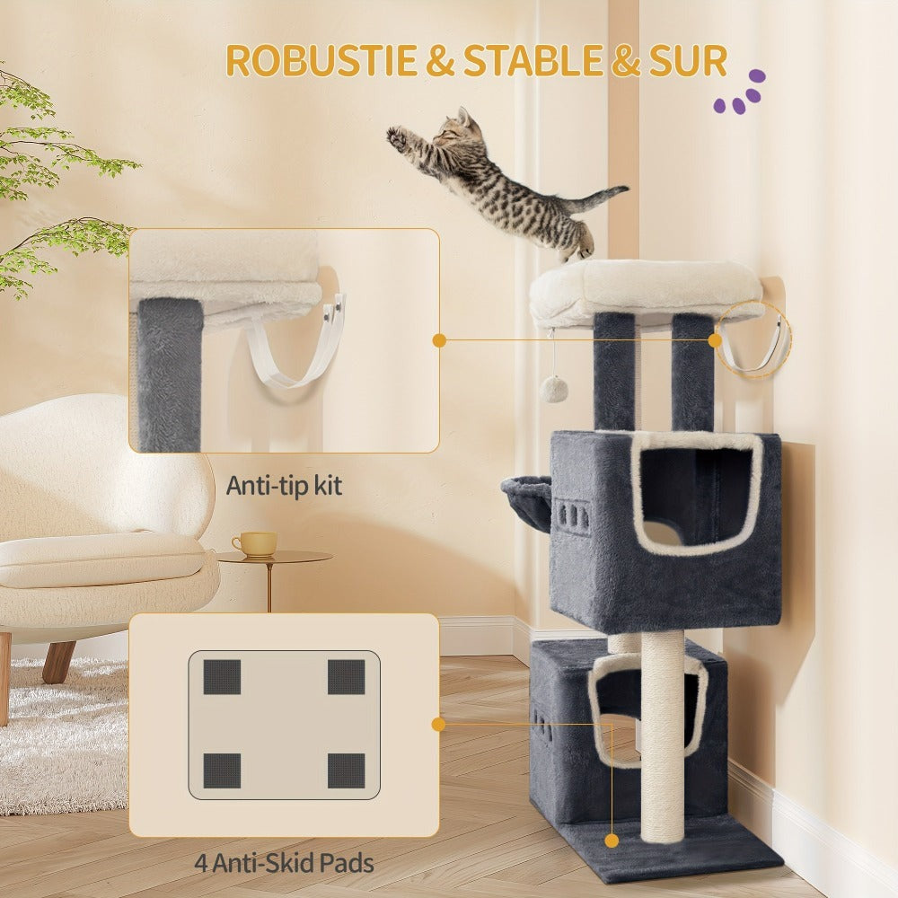 Árbol para Gatos de 98 cm, Árbol Pequeño con Perchas, Múltiples Niveles, Casa para Gatos con 2 Cuevas, Poste Rascador de Sisal y Hamaca