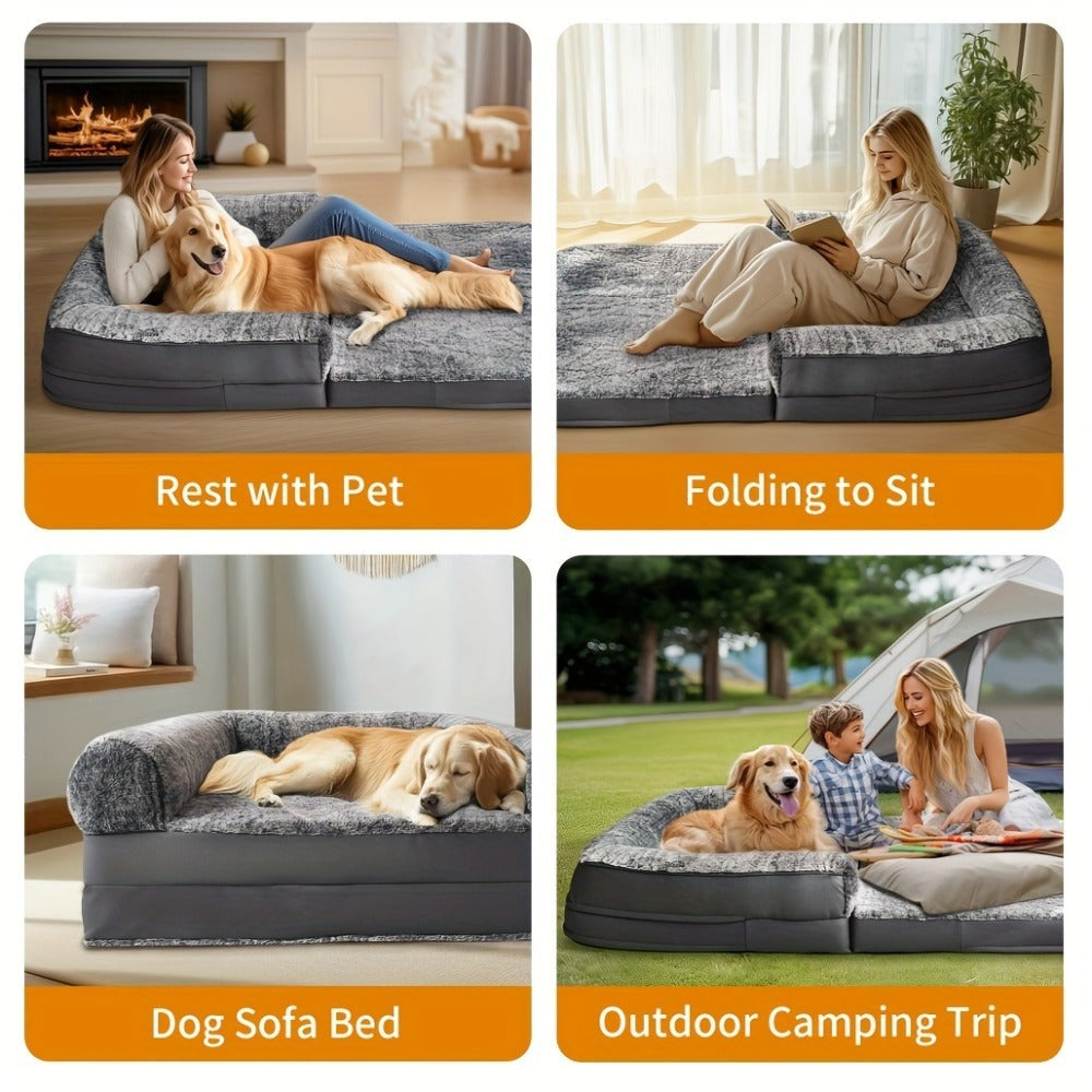 Cama Extra Grande para Perros Adecuada para Adultos | Cama Ortopédica para Siesta con Piel Sintética Lavable | Plegable y Portátil, Adecuada para Sala de Estar, Salón | Proporciona Espacio Amplio para Dormir para Adultos y Mascotas